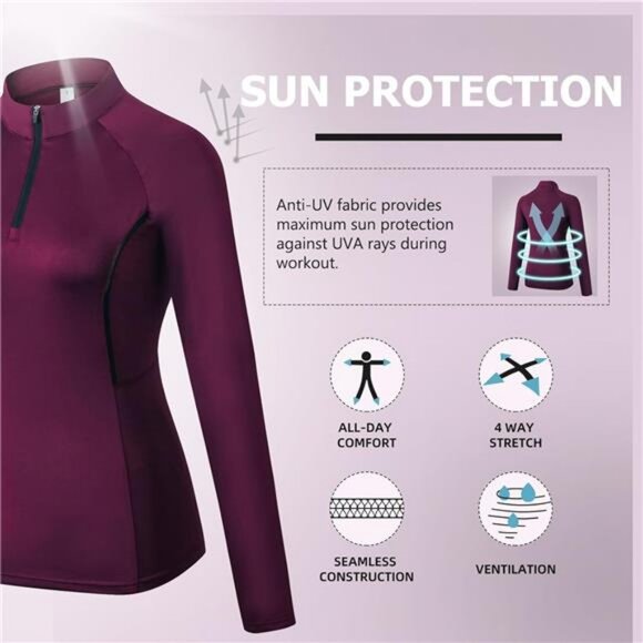 Womens Athletic Tops Long Sleeve Quick Dry UPF 50+ Soft Quarter Zip Pullover - Picture 3 of 8